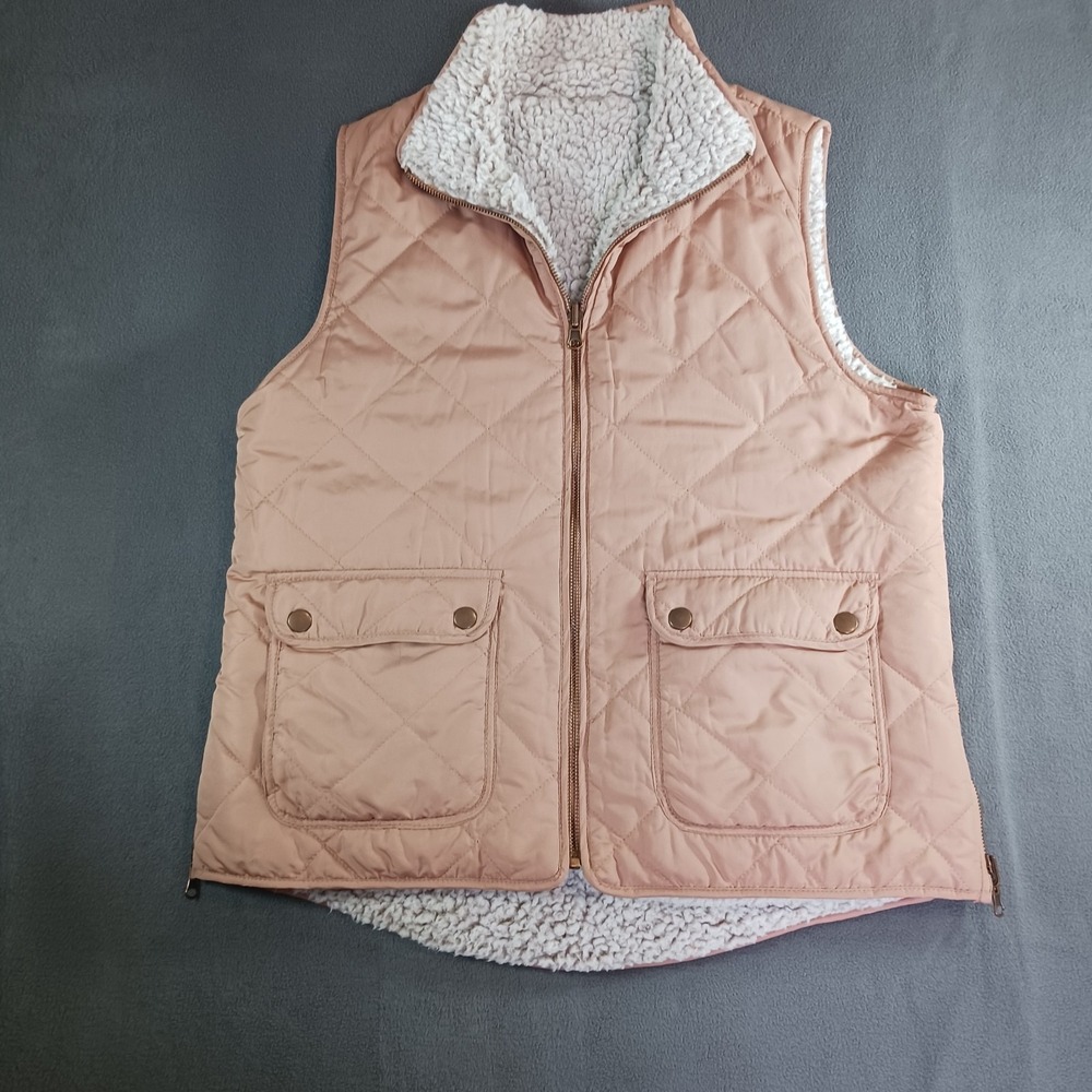 Thread‎ & Supply Women's Reversible Quilted Full Zip Pocket Vest Pink/Ivory S